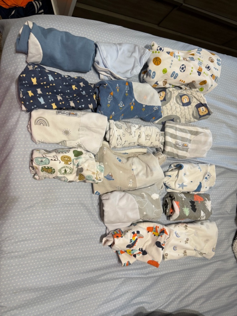 16 Assorted Baby Swaddle and Sleep Sack Set - Blue & Neutral Prints